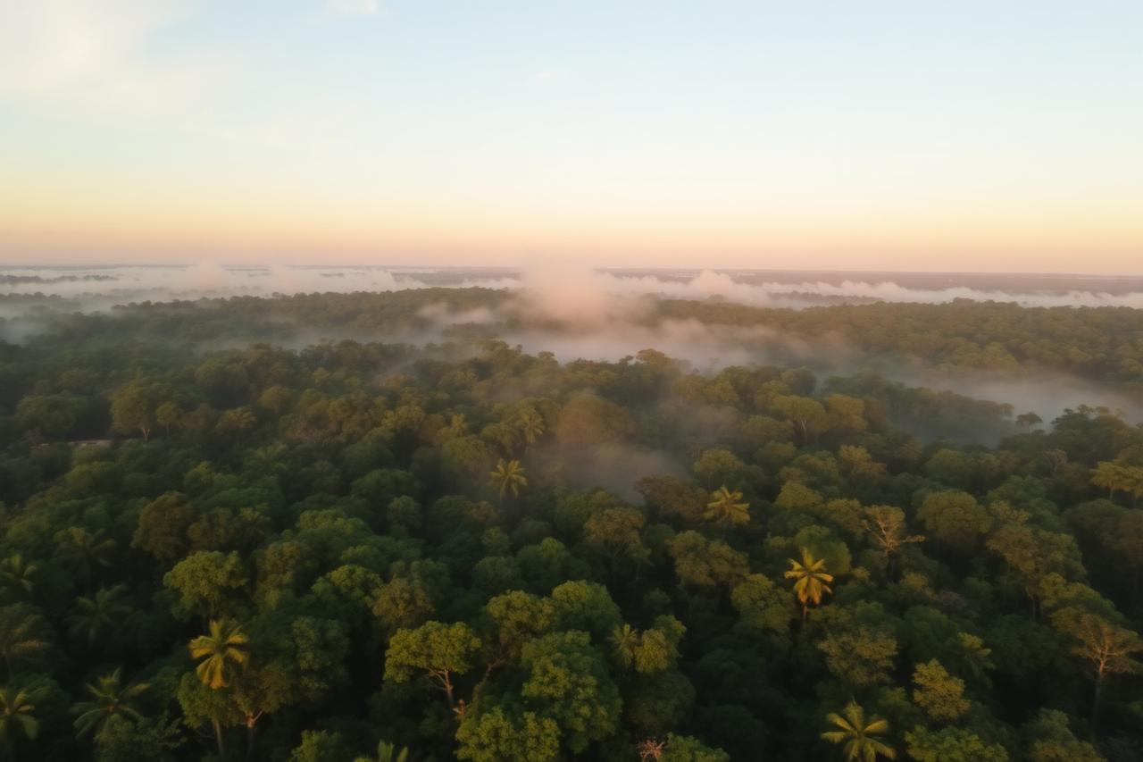 Amazon rainforest canopy at sunrise with mist between the trees