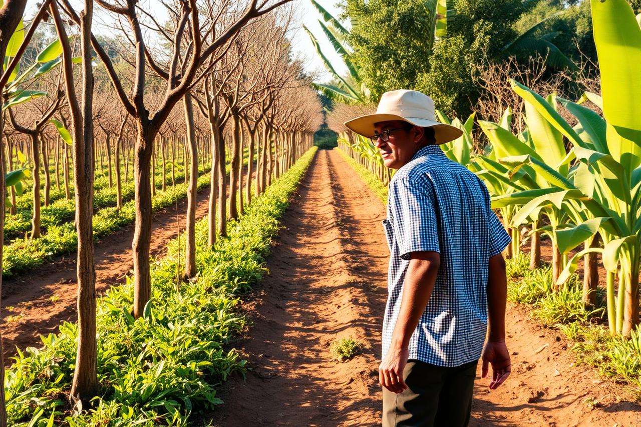 Farmer walking through a young agroforestry plot with saplings and banana plants