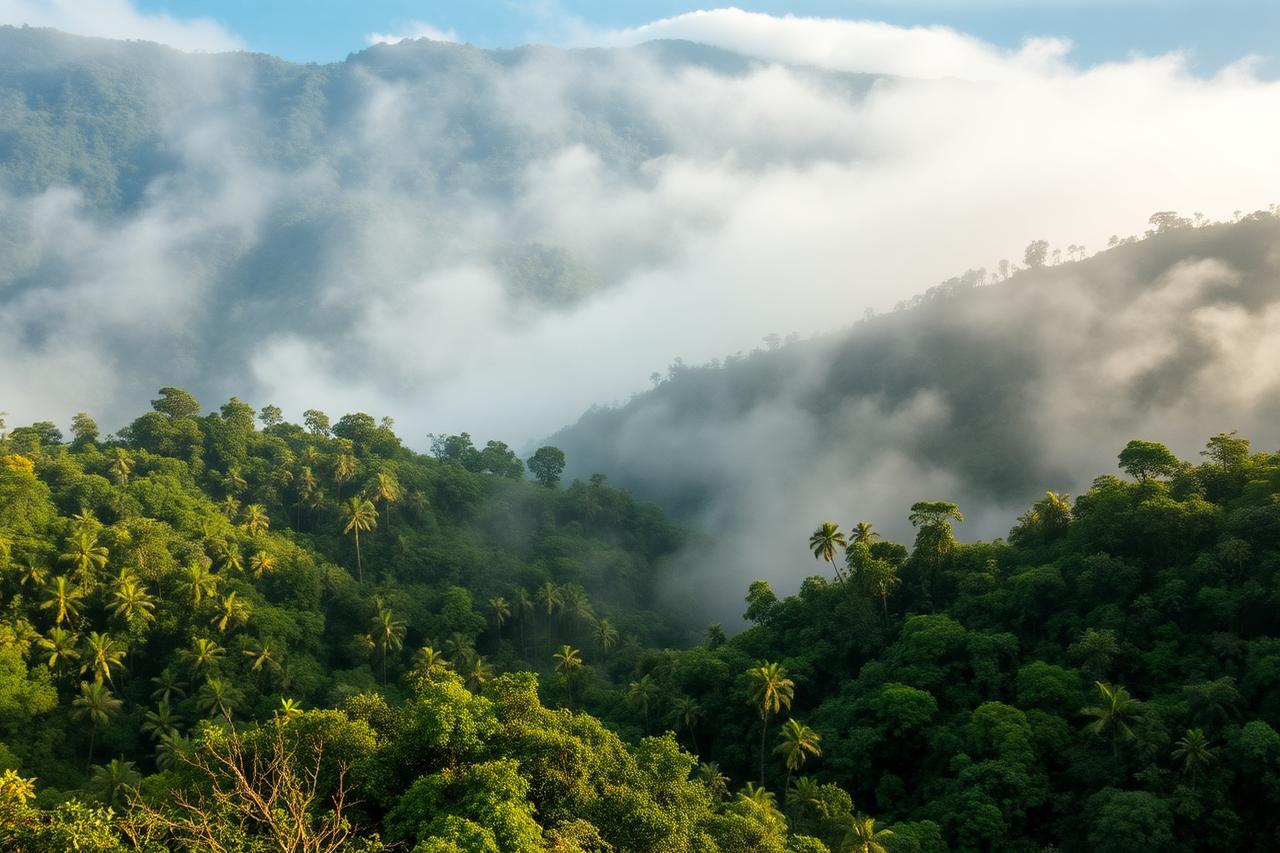 Misty Atlantic Forest hills with a restored green corridor between fragments