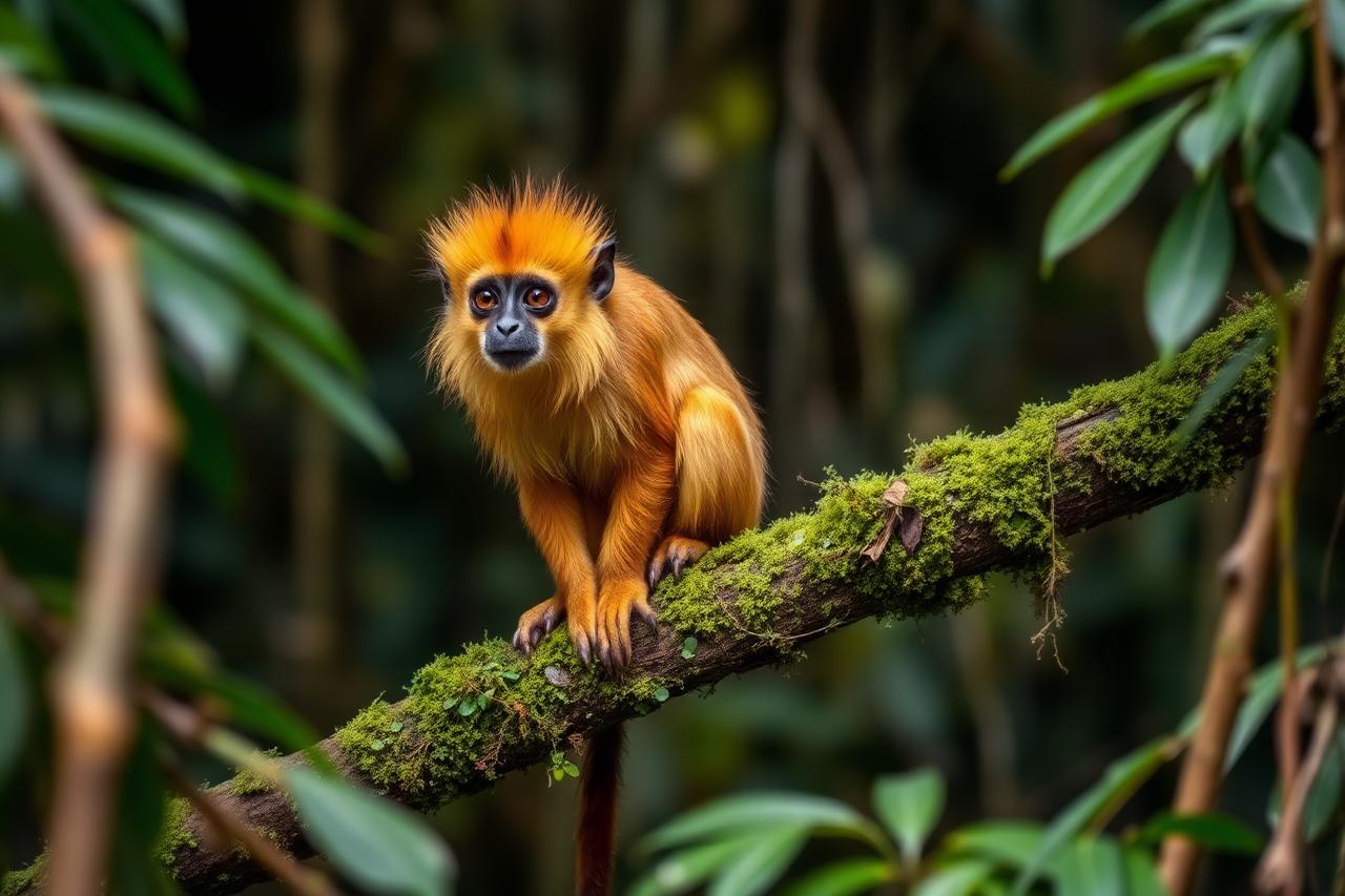 Golden lion tamarin sitting on a mossy branch in the Atlantic Forest